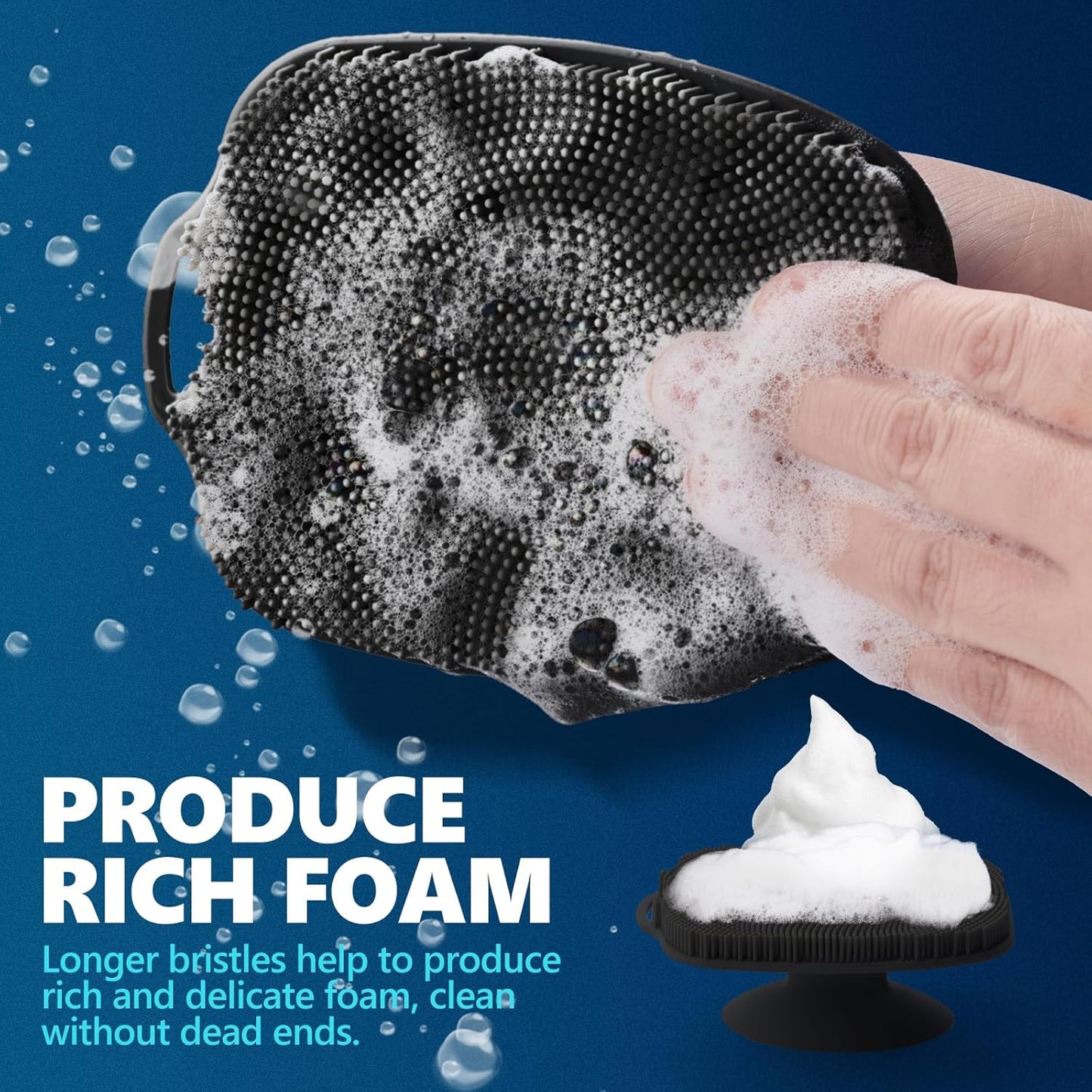 Soft Silicone Body Scrubber, Gentle like a Hand Exfoliating Your Skin and Build up Lather Easily, Back Large Suction Cup Easy to Store, Long-Lasting & Deep Clean (Black)