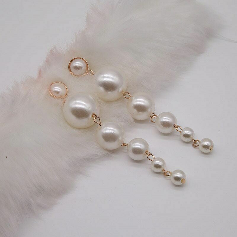 Trendy Elegant Big Simulated Pearl Long Wedding Party Statement Drop Earrings