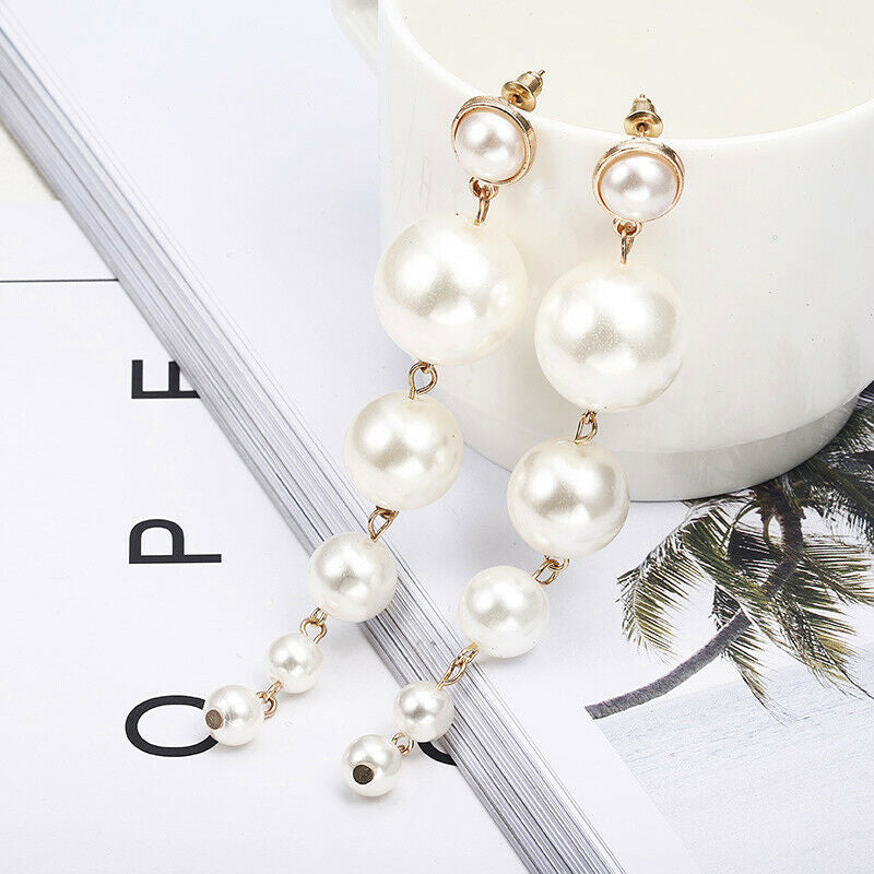 Trendy Elegant Big Simulated Pearl Long Wedding Party Statement Drop Earrings