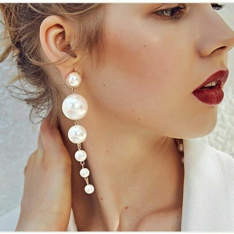 Trendy Elegant Big Simulated Pearl Long Wedding Party Statement Drop Earrings