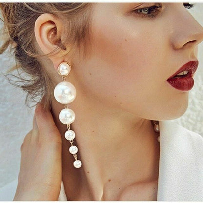 Trendy Elegant Big Simulated Pearl Long Wedding Party Statement Drop Earrings