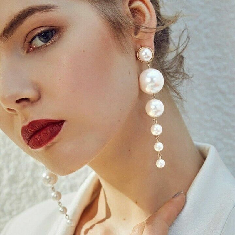 Trendy Elegant Big Simulated Pearl Long Wedding Party Statement Drop Earrings
