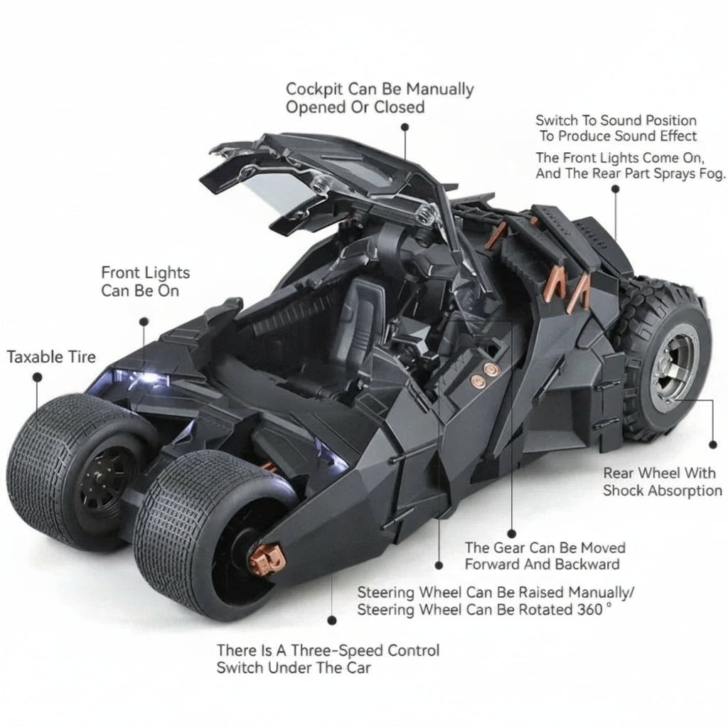 1:18 Large-Scale Batmobile Model – The Dark Knight Trilogy Alloy Car with Sound, Lights, Sliding Doors & Spray, Collectible Ornament & Gif