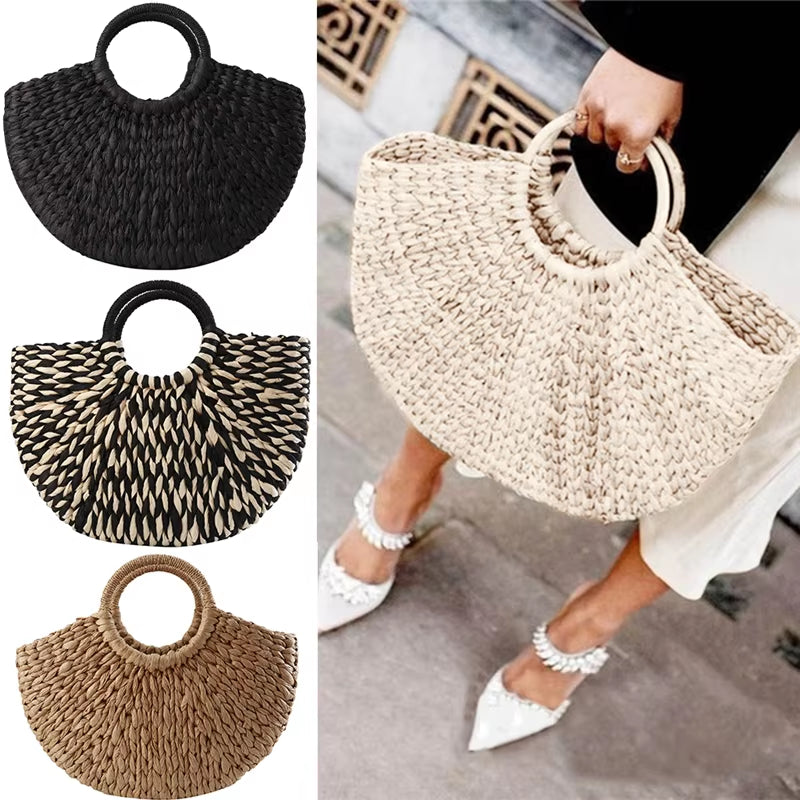 Women New Imitation Straw Handbags Woman Handmade Woven Basket Weave Handbag for Femme Ladies Simple All-Match Handbag