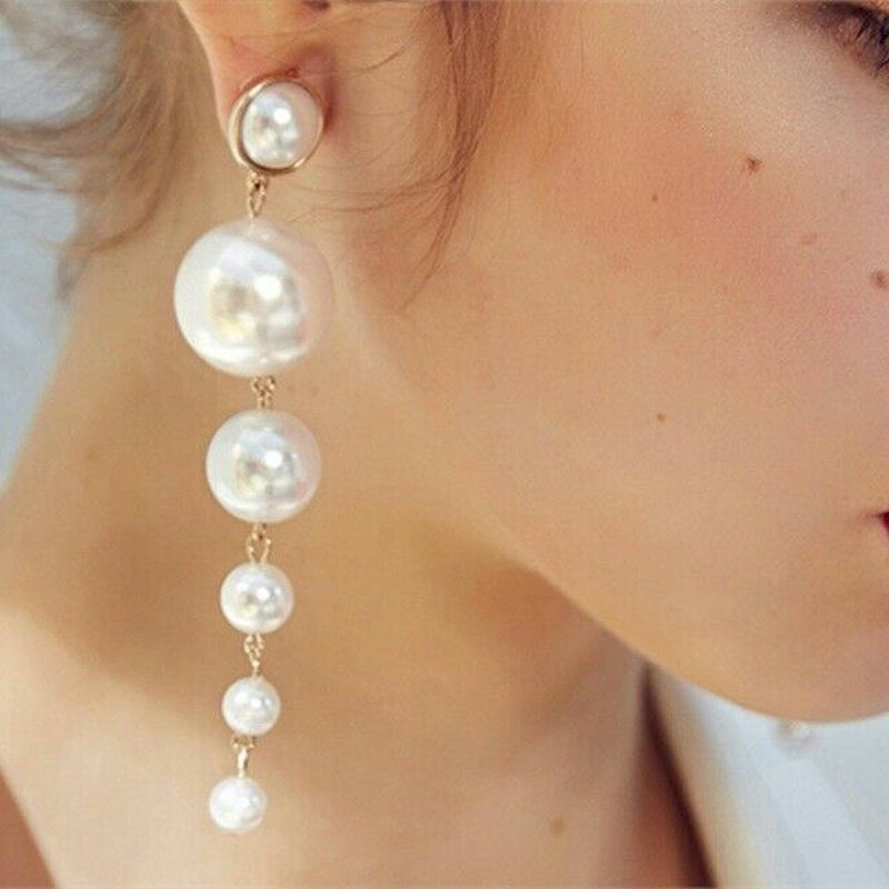 Trendy Elegant Big Simulated Pearl Long Wedding Party Statement Drop Earrings