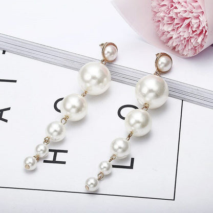 Trendy Elegant Big Simulated Pearl Long Wedding Party Statement Drop Earrings