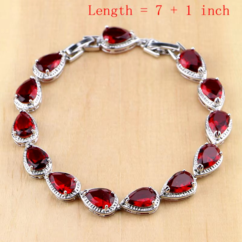 Water Drop Silver 925 Jewelry Red Ruby White Topaz Jewelry Sets Women Long Earrings/Pendant/Necklace/Rings/Bracelet Dropshipping